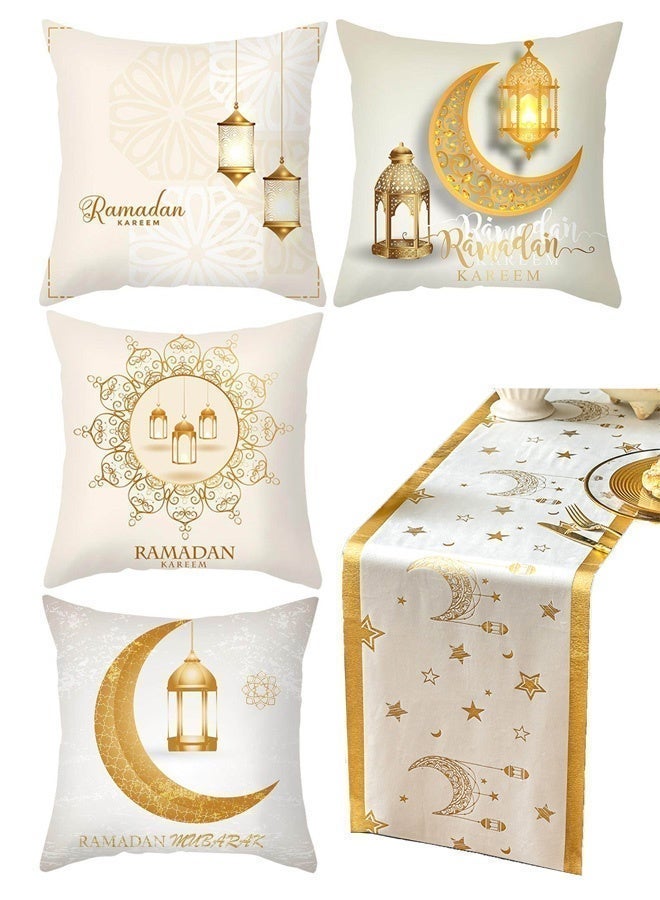 Wsstacxy Ramadan Pillow Covers, Ramadan Table Runner,Ramadan Decorations for Home Set Pack of 5 Ramadan Table Decorations Eid Table Runner and 4 Pcs Ramadan Cushion Covers - Image 1